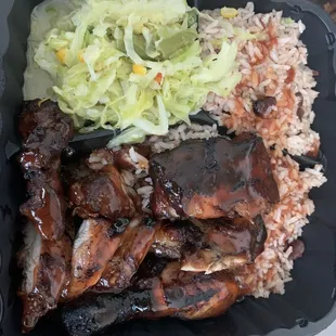 Sweet Jerk Chicken, Rice &amp; Peas, Steamed Vegetable.