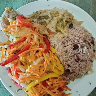 Escovitch fish, rice &amp; peas and cabbage.
