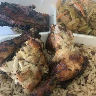 Jerk chicken, rice and peas with cabbage