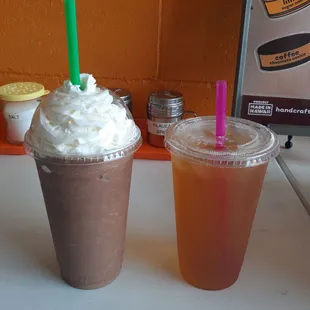 Mocha frappe and green iced tea.