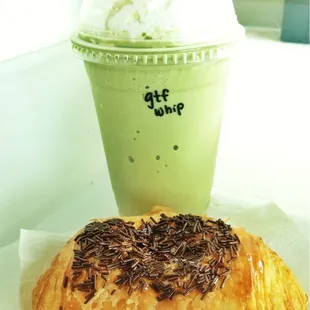 Green Tea Frappe and Chocolate Croissant