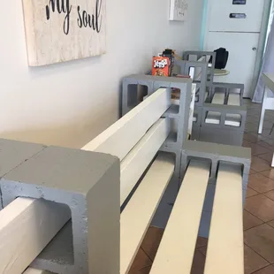 Cool benches and there's board games to play while you enjoy your drinks