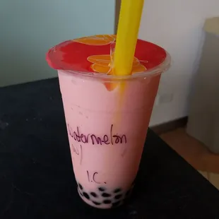 Watermelon flavor blend with ice cream and boba.