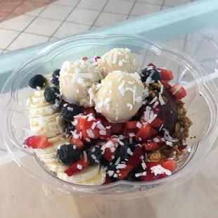 Large açaí bowl with cookie dough, strawberries and blueberries!