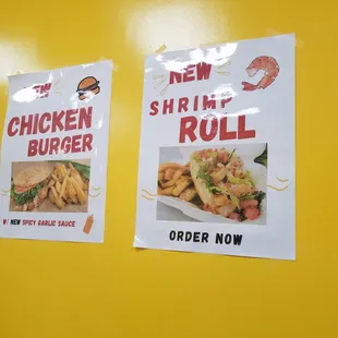 New menu items. Burger cost $11.75 and Roll cost $14.50 before tax.