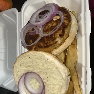 Salmon Burger and regular fries