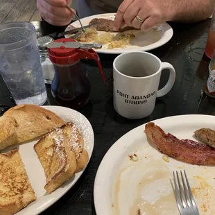 Nice portions this is French toast, American breakfast and steak and eggs