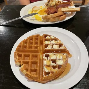 Plain waffle with butter and syrup