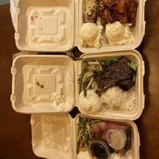 Prime rib, kalbi, and chicken wings plates from the deli