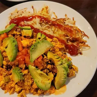 Chorizo and Eggs, with hashbrowns and Avocado slices at Island Cafe in Oak Harbor