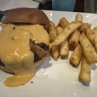 Beer cheese burger with fries