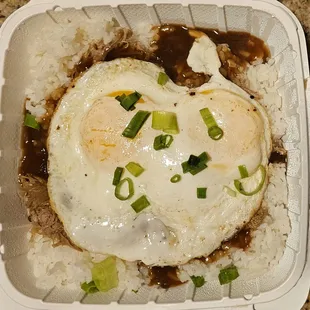 Kalua Pork Loco Moco! The pork, tender but missing something. Egg, turned over perfectly. Gravy, was OK but wish I had more. Still delish!