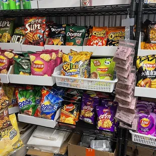 a variety of snacks on shelves