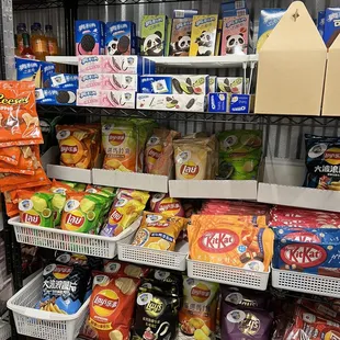 a variety of snacks on shelves