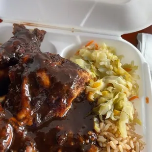 Jerked Chicken, Cabbage, White Rice, rice and beans