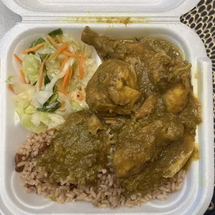 Curry Chicken with Rice and Peas, Cabbage with extra juice.