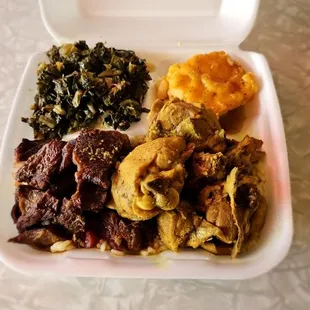 Curry chicken, pepper steak w/ mac and greens