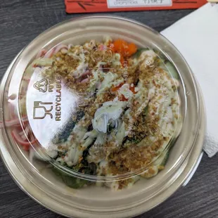 3 protein (salmon, spicy tuna, ceviche shrimp) bowl with fish eggs and surami. Ordered through Uber eats.