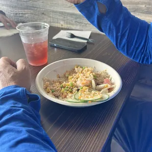 Dad half way through devouring his bowl!