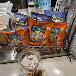 a variety of snacks on a counter