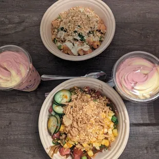 Two doles, tuna bowl and a salmon bowl