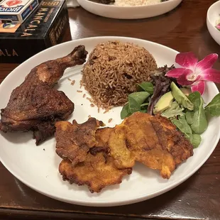 Fried Chicken, Rice and Beans, and Bannan Peze