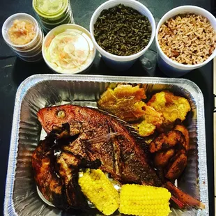 Red snapper Bannan peze Djon Djon rice