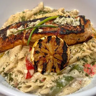 Salmon Rasta Pasta! Don&apos;t forget to add Shrimps