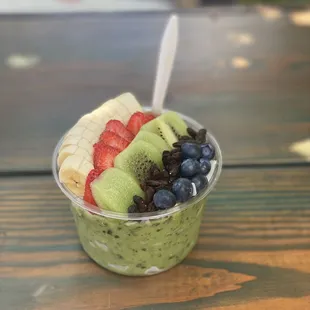 a bowl of fruit with a spoon