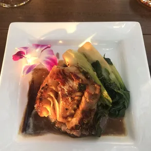citrus misoyaki butterfish w/bok choy and sweet purple mash potatoes