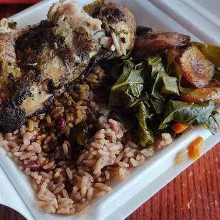 Small jerk chicken plate with rice and beans, collards, and plantains [from another angle]. Great stuff.