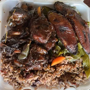 Brown Stew Chicken, Rice &amp; Beans, Collards, &amp; Plantains.