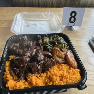 Beef Stew with yellow rice, collards &amp; plantains
