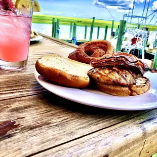 a plate of food and drink