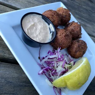 Crab hushpuppies.  Nice hush puppies but I didn&apos;t taste the crab so not enough to notice.