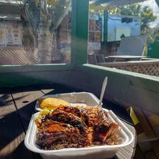 Medium Jerk Chicken with rice and steamed cabbage &amp; Beef Patty