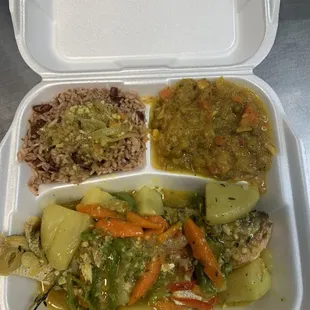 Steam snapper rice and peas and Cabbage