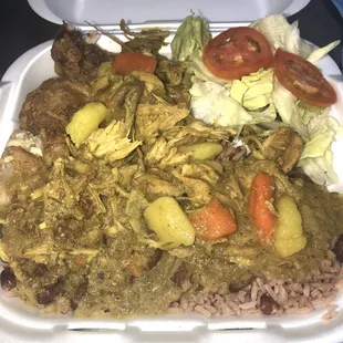 Fry Chicken, Rice and Peas, Curry Gravy W/ Fresh Vegetables