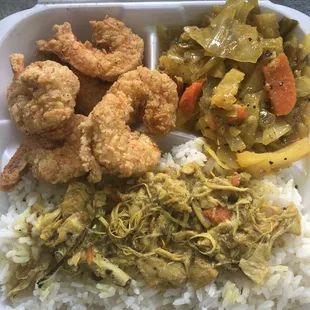 Steamed White rice and Curry Chicken Gravy W/ our signature Fried shrimp