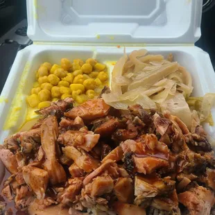 Large Jerk Dinner.... cabbage, rice and peas along with curried chickpeas..