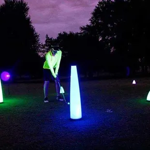 Island Lake Golf Course offers Glow Golf at night time for evening fun, book a time with us today!