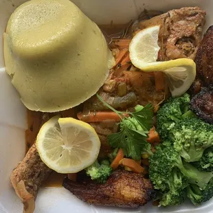 a meal in a styrofoam container