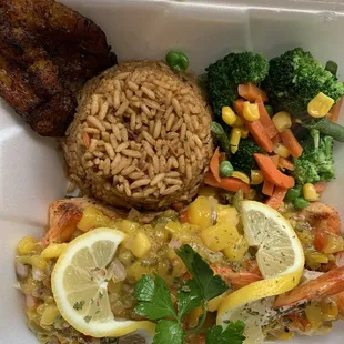 a meal in a styrofoam container