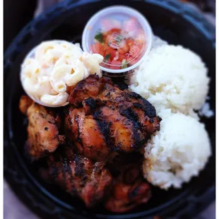 chicken, macaroni and cheese on a plate