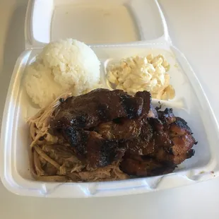 $11 Mixed plate lunch- three kinds of meat, rice, and a choice of side (macaroni salad pictured)