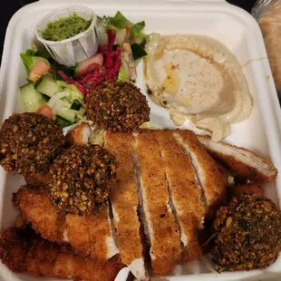 Chicken schnitzel and falafel combo plate (turns out u can make whatever combo u like!)
