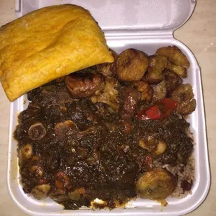 Oxtail, Rice, Plaintains and spicy beef patty! I can't get enough of this.