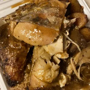 a meal in a styrofoam container