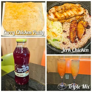 Evening snack for 2. Jerk Chicken, Curry Chicken Patty and Triple Mix.