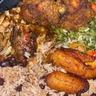 2 meat combo , Jerk Chicken and Trelawny Fried Chicken, with callaoo.